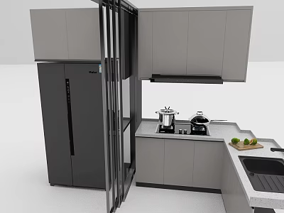 Modern Gray Kitchen Cabinets With Countertop Stove Sink Refrigerator And Appliances 3d model