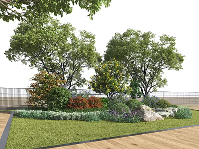 Diverse Garden Shrubs With Red Purple Foliage Yellow Flowers Green Grass Stones And Trees 3d model