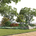 Diverse Garden Shrubs With Red Purple Foliage Yellow Flowers Green Grass Stones And Trees