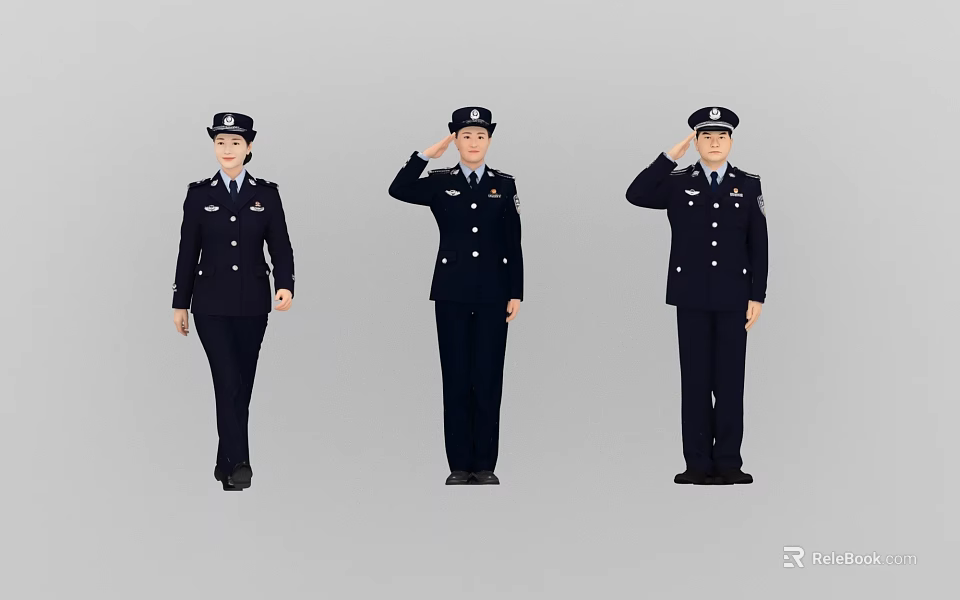 Group of Police Officers in Dark Uniforms Saluting and Standing Positions 3d model 