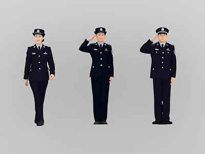 Group of Police Officers in Dark Uniforms Saluting and Standing Positions 3d model
