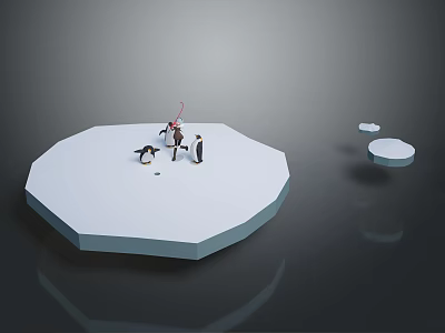 White Octagonal Platform Scene With Miniature People Penguin And Small Circular Platforms On Dark Background 3d model