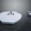 White Octagonal Platform Scene With Miniature People Penguin And Small Circular Platforms On Dark Background 3d model