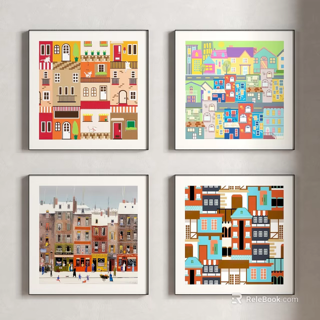 Four Modern Colorful Building Illustrations Art Prints For Home Wall Decor 3d model 
