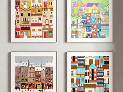 Four Modern Colorful Building Illustrations Art Prints For Home Wall Decor 3d model