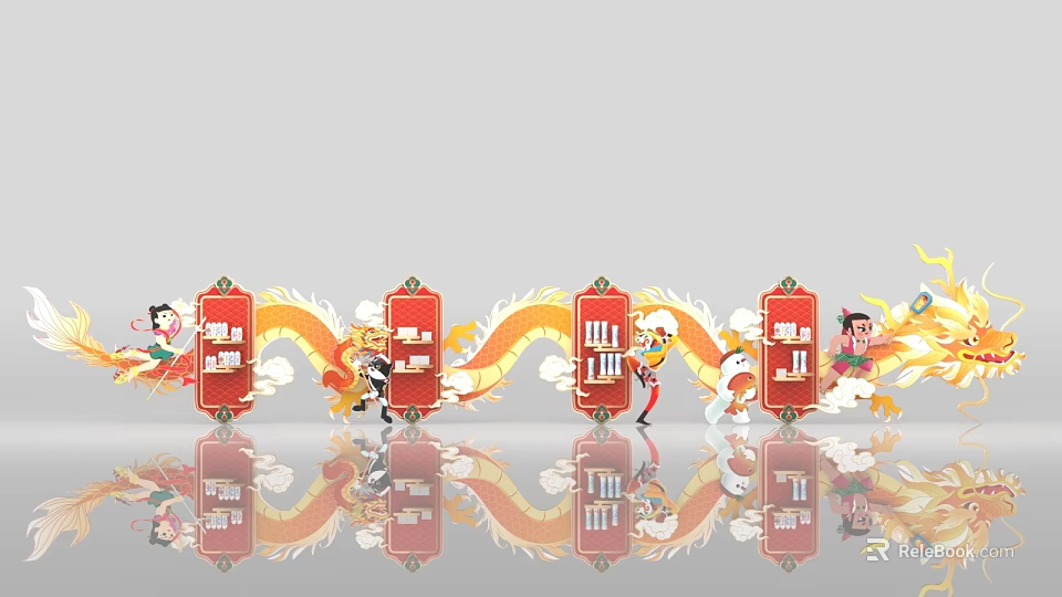 Chinese Style Decorative Display With Red Frames Dragon And Cartoon Characters 3d model