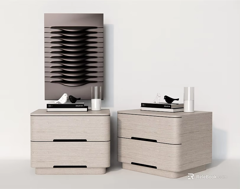 Pair of Modern Light Wood Bedside Tables With Drawers Books And Decorative Ornaments 3d model 