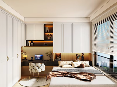 Modern Tatami Bedroom Interior With White Cabinets Work Desk Blinds Decorative Pillows And Cozy Blanket 3d model