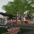 Traditional Homestay Building Courtyard with Green Trees Red Lanterns and Clay Pot Decorations