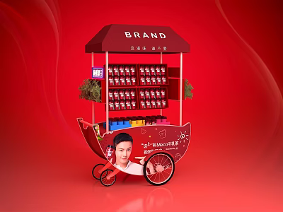 Functional Cart With BRAND Logo Displayed Products And Green Plant Decorations On Red Background 3d model