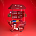 Functional Cart With BRAND Logo Displayed Products And Green Plant Decorations On Red Background