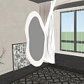 Modern Irregular Shaped Mirror In Room With Artwork Plant And Sheer Curtain