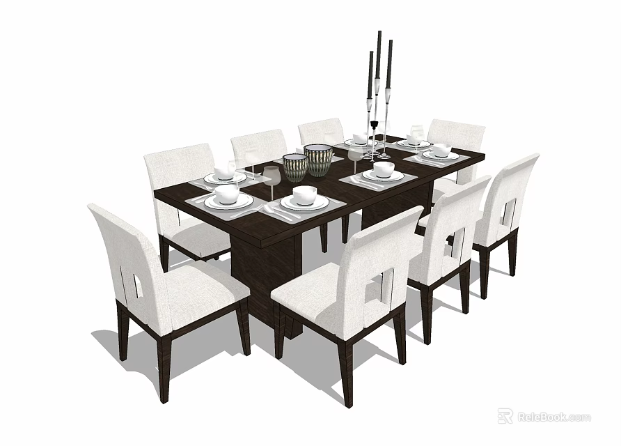 Modern Dining Table Set with Dark Table and White Chairs Tableware Glasses and Candle Holder 3d model