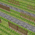 Organized Farm Garden With Neat Green Plants Stone Path And Wooden Fences