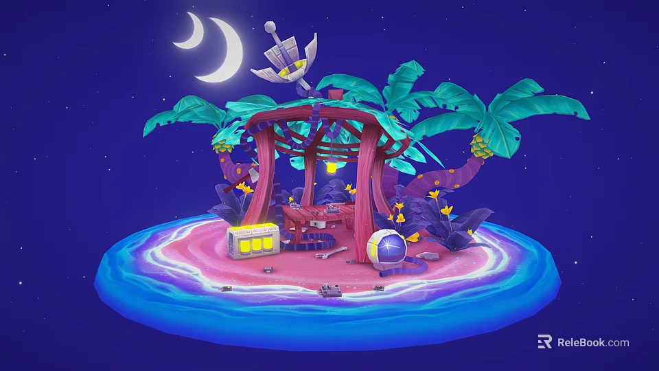 Fantasy Island Scene With Moon Stars Palm Trees Red Pavilion And Blue Water 3d model 