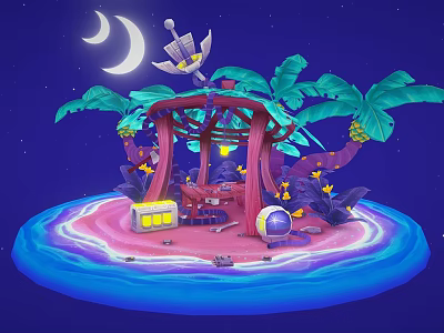 Fantasy Island Scene With Moon Stars Palm Trees Red Pavilion And Blue Water 3d model