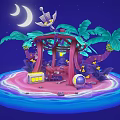 Fantasy Island Scene With Moon Stars Palm Trees Red Pavilion And Blue Water
