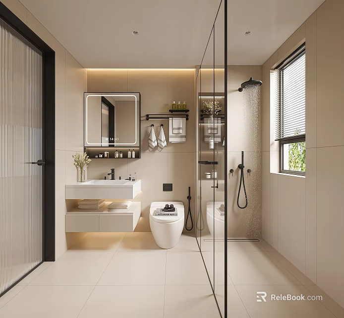 Modern Bathroom Design with Glass Shower Smart Toilet White Vanity Lighted Mirror and Built-in Storage 3d model 