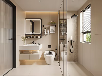 Modern Bathroom Design with Glass Shower Smart Toilet White Vanity Lighted Mirror and Built-in Storage 3d model