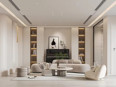 Modern Living And Dining Area Interior With Beige Sofa Coffee Table Shelves And Decorative Painting 3d model