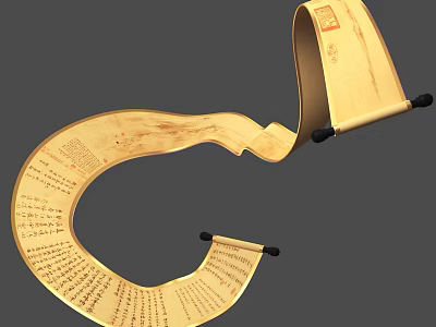 Ancient Yellow Scroll with Traditional Chinese Text Curved Shape and Black Rollers 3d model