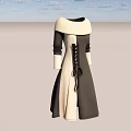 Elegant Gray And Beige Dress With White Collar Long Sleeves And Lace Up Detail