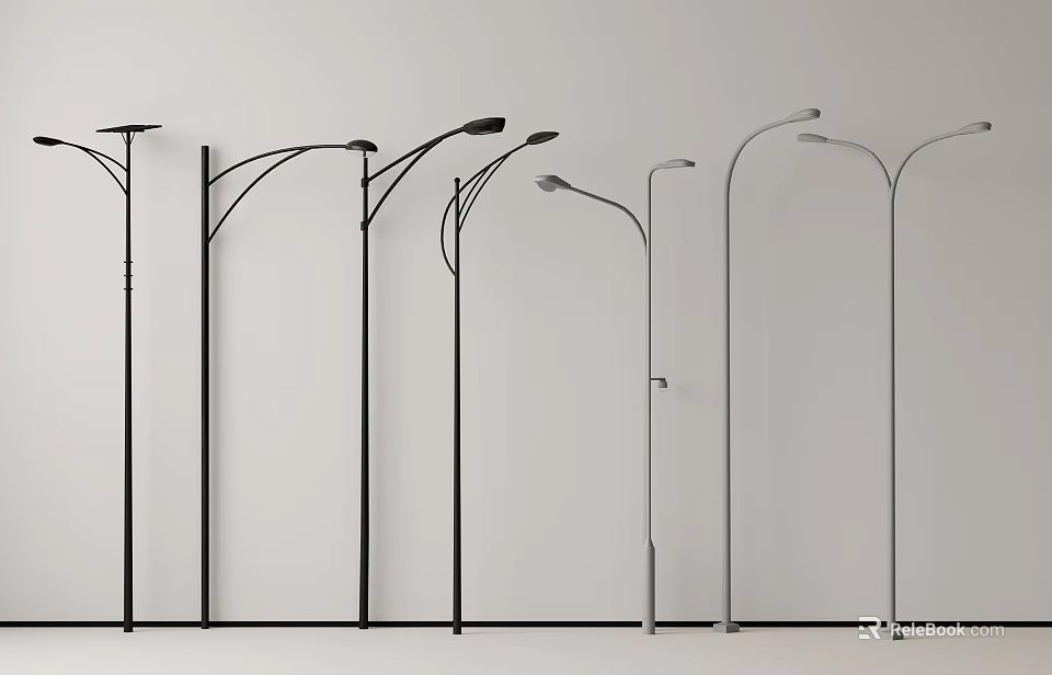 Outdoor Lights with Various Designs Black Silver Poles Curved Straight Styles on White Background 3d model 