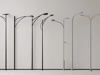 Outdoor Lights with Various Designs Black Silver Poles Curved Straight Styles on White Background 3d model
