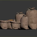 Open Burlap Sacks With Orange Grains Stacked In Various Sizes Daily Necessities