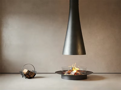 Modern Black Metal Fireplace With Burning Fire And Wood Basket In Minimalist Interior 3d model