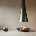 Modern Black Metal Fireplace With Burning Fire And Wood Basket In Minimalist Interior