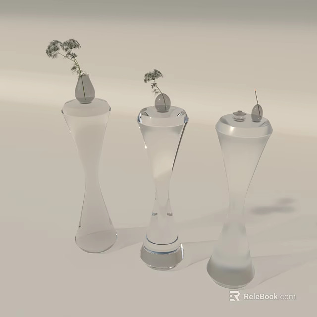 Modern Glass Pedestal Decorative Ornament Set with Small Plants and Candle Accents 3d model 