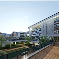 Modern School Building With Open Corridors Greenery And Students Walking On Wooden Walkway