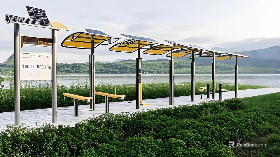 Outdoor Fitness Area With Solar Powered Bus Stop Benches Waterfront Greenery Pathway 3d model 