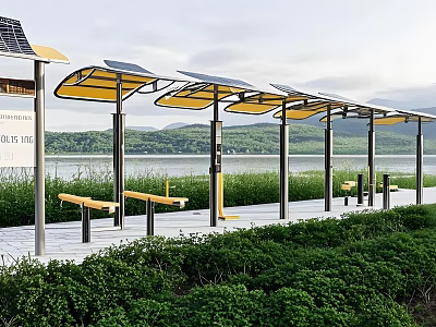 Outdoor Fitness Area With Solar Powered Bus Stop Benches Waterfront Greenery Pathway 3d model