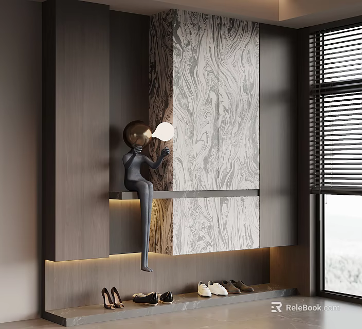 Modern Entryway Cabinet Sideboard With Wooden Texture And Shoe Storage Lighting Design 3d model