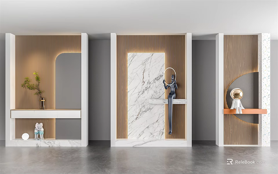 Decorative Sculptures In Modern Interior With Wooden Walls And Marble Panels 3d model 
