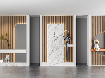 Decorative Sculptures In Modern Interior With Wooden Walls And Marble Panels 3d model