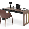 Modern Dark Desk With Arched Legs Gold Accents Apple Laptop Table Lamp And Chair