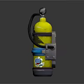 Yellow Scuba Tank With Black Hose Top Valve Decorative Graphics And Blue Bands