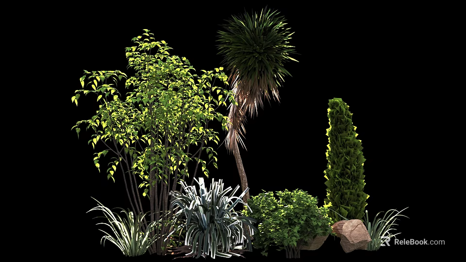 Varied Garden Shrubs With Palm Tree Grasses And Decorative Stones 3d model 