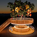Stylish Wooden Outdoor Bar Under Lantern Decorated Tree With Attached Curved Staircase At Charming Night