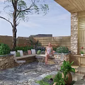 Courtyard Garden With Wooden Fence Stone Wall Patio Green Shrubs Purple Flowers And Outdoor Furniture