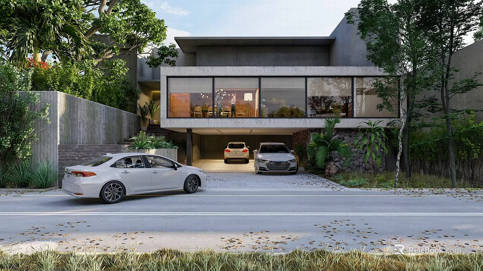 Modern Detached Villa Featuring Large Glass Windows Garage And Lush Greenery 3d model 