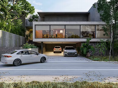 Modern Detached Villa Featuring Large Glass Windows Garage And Lush Greenery 3d model