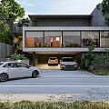 Modern Detached Villa Featuring Large Glass Windows Garage And Lush Greenery