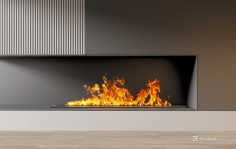 Modern Black Fireplace Interior With Burning Flames And Vertical Striped Panel 3d model 