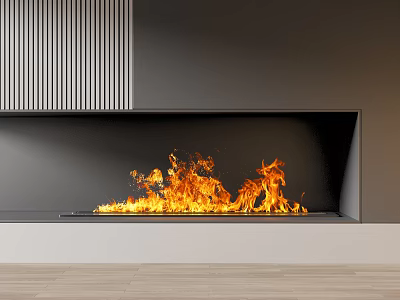 Modern Black Fireplace Interior With Burning Flames And Vertical Striped Panel 3d model