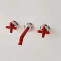Bathroom Fixtures With Red Faucets Cross Handles And Marble Sink