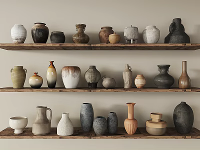 Ceramic Jars Vases and Pots in Various Colors Arranged on Wooden Shelves 3d model